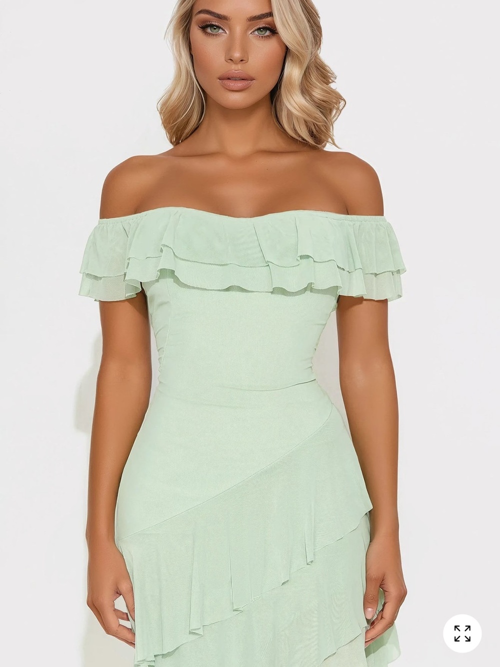 Off-Shoulder Mint Green Ruffled High-Low Dress - Picture 2 of 4